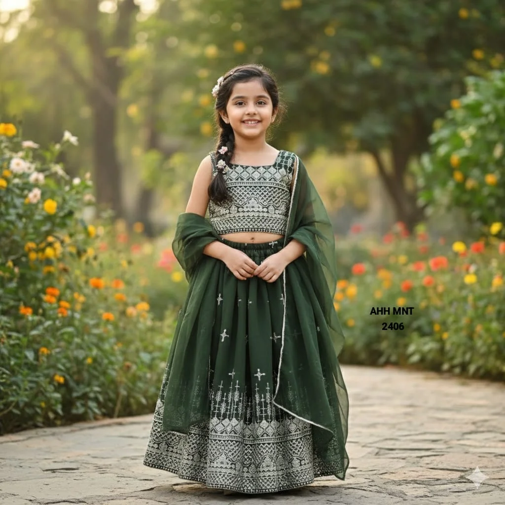 Designer Georgette Sequins Embroidered Kids Lehenga Choli Set.
